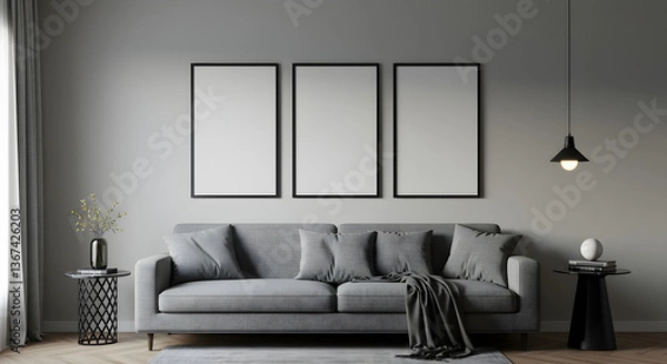 Fototapeta Cozy Living Room with Minimalist Design, Cozy Living Room Featuring a Minimalist Design and Stylish Gray Sofa