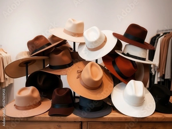 Obraz Pile of Stylish Brown and Beige Hats in a Shop