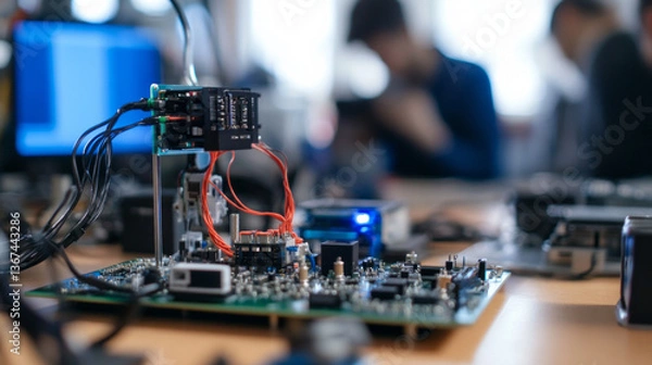 Fototapeta Students engage in hands-on lab work, assembling and testing diverse mechatronic components while collaborating on innovative projects in an advanced technology classroom.