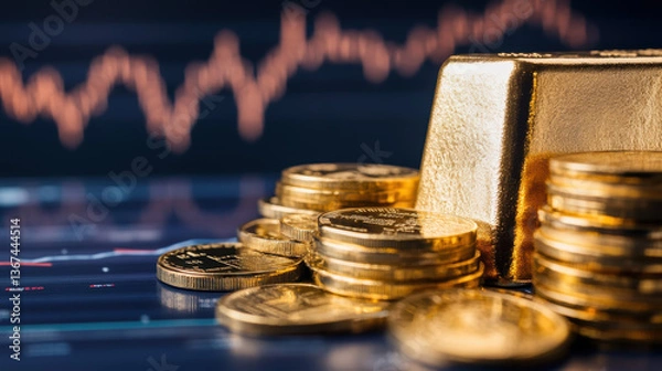 Fototapeta Gold bars and coins on financial chart background symbolize wealth