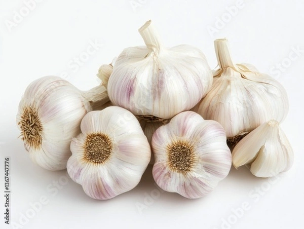 Fototapeta Garlic bulbs arranged neatly on a light background