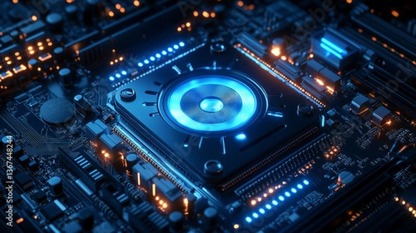 Fototapeta High-tech circuit board with glowing components and detail