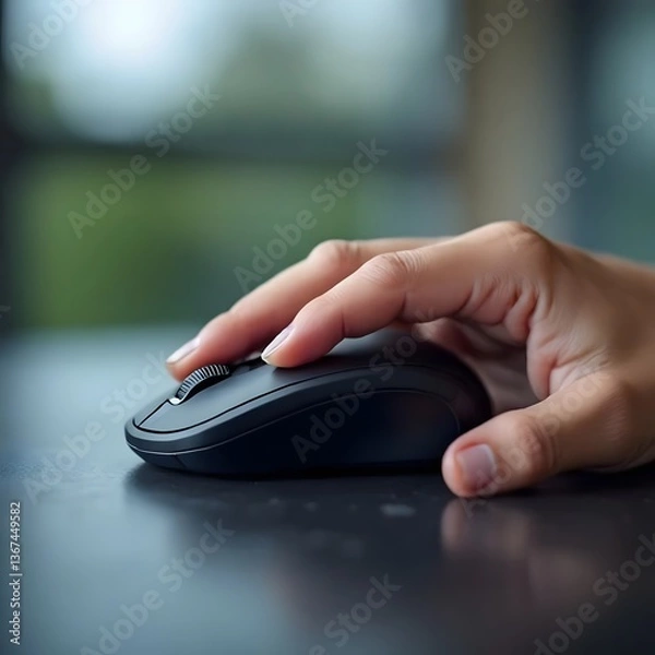 Fototapeta A hand holding a computer mouse on a desk
