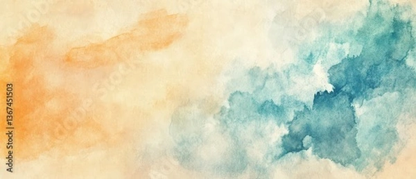 Fototapeta Abstract summer watercolor background in soft blues, oranges, and sandy beige tones, artistic and modern