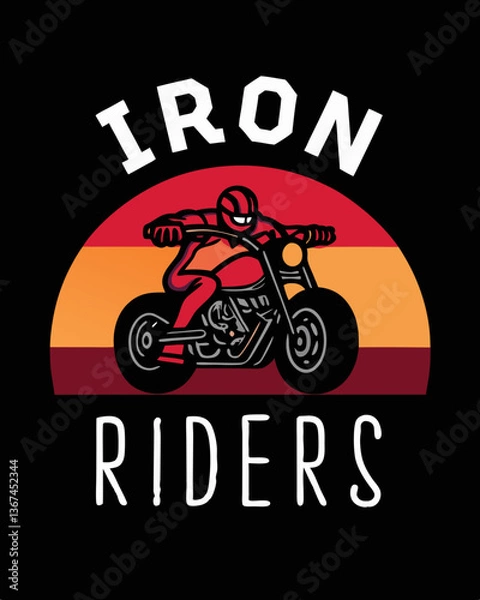 Fototapeta an illustration of a figure on a motorcycle, against a sunset backdrop with the words "IRON RIDERS"