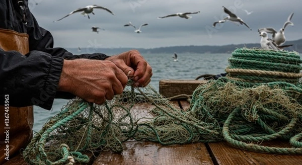Obraz Fisherman Mending Nets at Sea