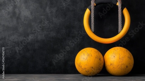 Obraz Yellow Gymnastic Rings and Balls on Dark Background