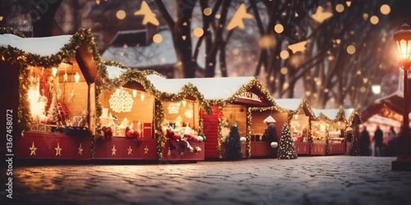 Fototapeta A festive Christmas market scene with stalls and lights, creating an atmosphere of holiday cheer and warmth. bokeh background