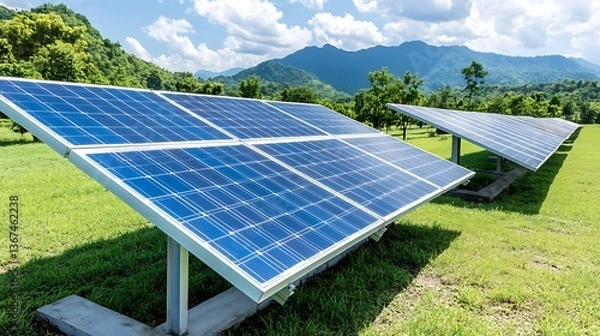 Fototapeta Close-Up of Solar Cells Reflecting Sunlight in an Open Field Surrounded by Mountains