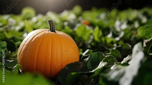 Fototapeta Close-up of a single orange pumpkin lying on a bed of green leaves. the pumpkin is in the center of the image and is facing towards the right side of the frame.