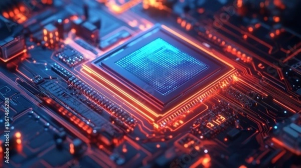 Obraz Quantum AI Chip Embedded in Futuristic Motherboard Illustration