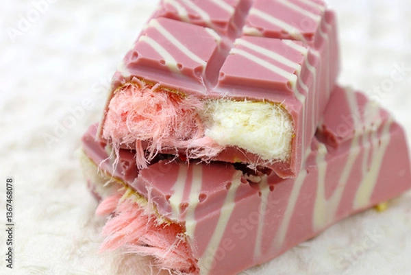 Fototapeta Trendy pink Angel Hair Chocolate bar with Turkish pishmaniye cotton candy filling close up