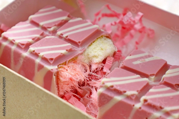 Fototapeta Trendy pink Angel Hair Chocolate bar with Turkish pishmaniye cotton candy filling close up
