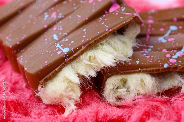 Fototapeta Trendy milk Angel Hair Chocolate bar with Turkish pishmaniye cotton candy filling close up