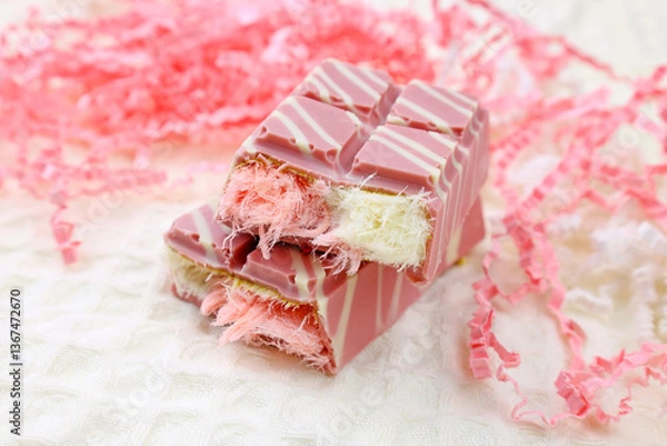 Fototapeta Trendy pink Angel Hair Chocolate bar with Turkish pishmaniye cotton candy filling close up