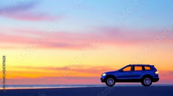 Fototapeta A car parked on a beach during sunset, with vibrant colors in the sky creating a serene and peaceful atmosphere.