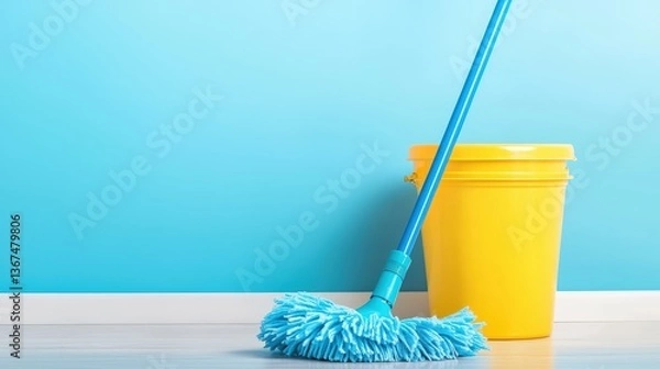 Fototapeta A blue mop rests beside a bright yellow bucket against a vibrant turquoise wall, creating a clean and fresh atmosphere.