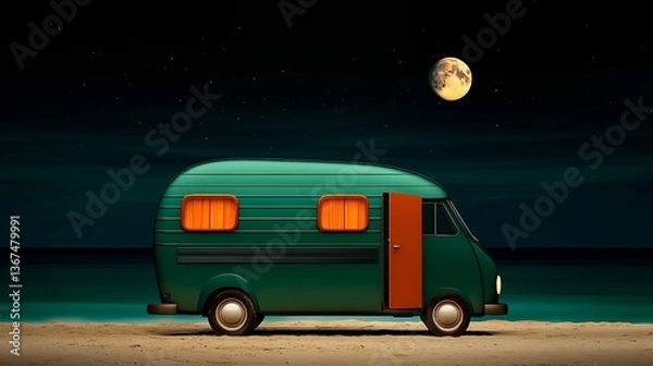 Obraz Teal Camper Van on Sandy Beach at Night Under Full Moon