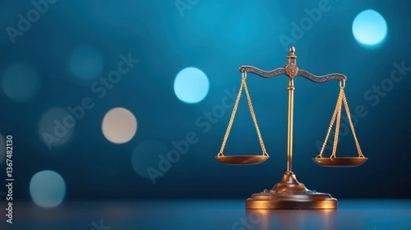 Fototapeta Elegant golden scales of justice on a blurred blue bokeh background symbolizing law, fairness, and legal practice in a modern setting
