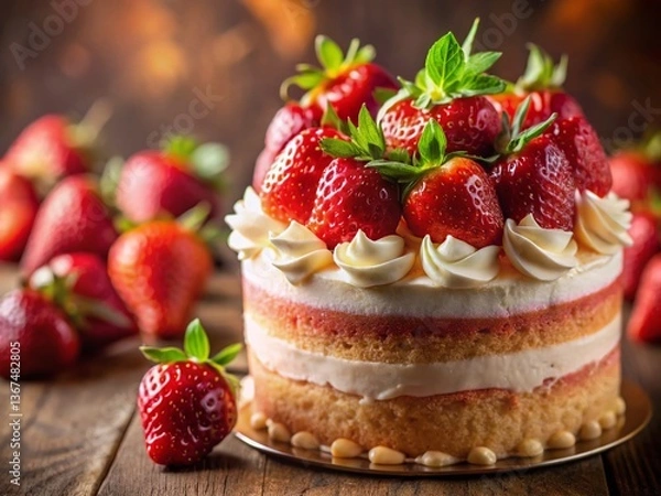 Fototapeta Delicious Homemade Strawberry Cake with Shallow Depth of Field - Stock Photo