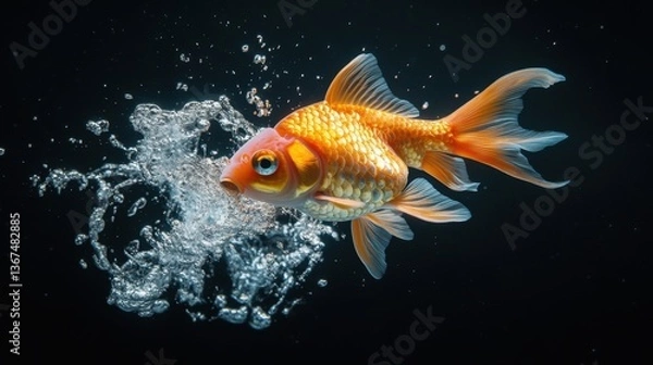 Fototapeta Vibrant Goldfish Swimming with Bubbles in Dark Water, Showcasing Bright Colors and Graceful Movements of Aquatic Life
