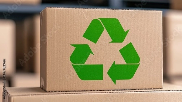 Obraz A cardboard box featuring a green recycling symbol, emphasizing sustainability and eco-friendly practices in packaging.