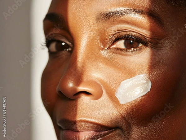 Obraz A close-up of moisturizing cream swatch applied to the cheek of senior black woman with wrinkled skin, product swatch