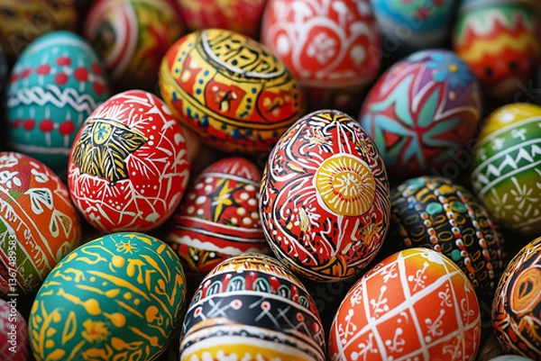 Fototapeta A collection of colorful Easter eggs, each decorated with intricate patterns and designs from Eastern European culture. Happy Easter concept