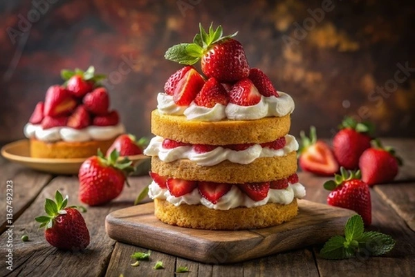 Fototapeta Delicious Strawberry Shortcake: Fluffy Sponge Cake, Fresh Strawberries & Whipped Cream