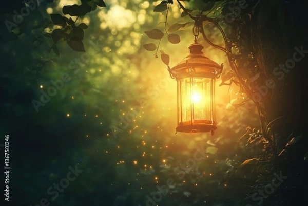 Fototapeta A floating lantern hovering amidst the sunbeams in a dreamlike forest.