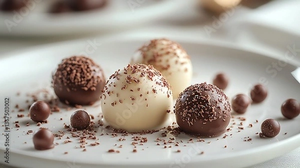 Fototapeta Delicate Chocolate Truffles on White Plate with Soft Texture and Garnish in Soft Lighting