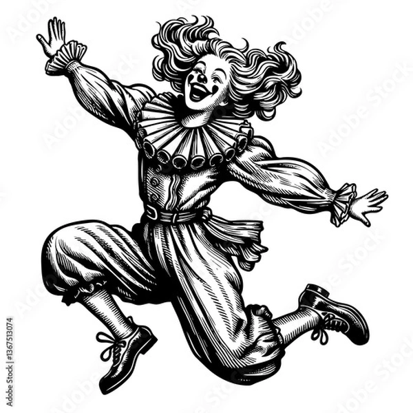 Obraz joyful clown mid-jump, wearing a vintage ruffled outfit with striped pants and playful expression sketch engraving generative ai PNG illustration. Scratch board imitation. Black and white image.