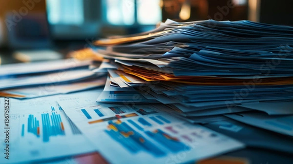 Obraz Pile of documents on gray reflection background. Many graphs and charts. Concept image of data gathering.
