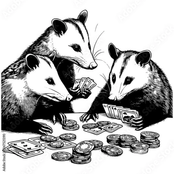 Fototapeta three possums sitting at a round table in a floral setting, playing poker with chips and cards engraving generative ai sketch PNG illustration