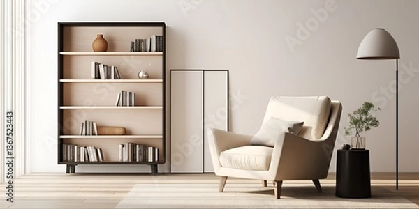 Fototapeta A mockup of an empty black frame on the wall in a contemporary living room, featuring a light-colored 