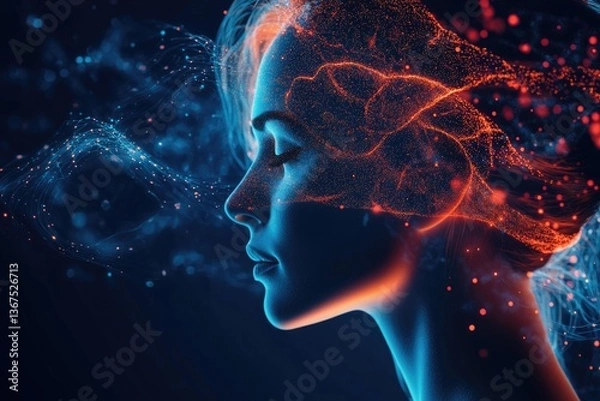 Fototapeta A profile view of a woman with glowing brain patterns and flowing lights, representing the fusion of technology, creativity, and human emotion in a contemporary artistic style.