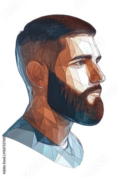 Fototapeta An intricately designed faceted portrait of a bearded man showcases contemporary artistry, blending geometric shapes and vibrant colors to explore masculinity and individual identity through art.