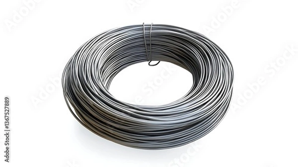 Fototapeta Close-up of a shiny, new, galvanized steel wire coil used in construction and industrial applications.