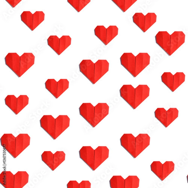 Fototapeta Red origami hearts seamless pattern on white background. Handmade paper decoration for love, romance, wedding, valentine, greeting cards, gift wrapping, textile, digital design, marketing, advertising