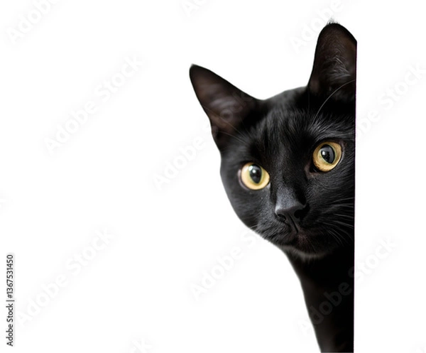 Fototapeta Black cat peeking around white corner, bright yellow eyes wide with intense curiosity. This feline is peeking with hidden intrigue, perfect for marketing needing surprise element. Cute pet peeking cap