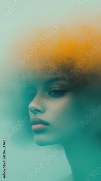 Fototapeta Retro style portrait of a beautiful black woman with red lipstick and large earrings, experimental dark aesthetic style dizzy effect, dramatic lighting, mirrorglass effect. Retro wave