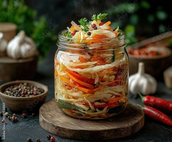 Fototapeta Colorful Freshly Prepared Pickled Vegetables in a Rustic Jar Surrounded by Spices and Herbs

