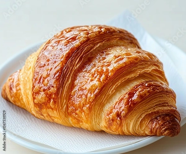 Fototapeta Golden Flaky Croissant Resting on a White Plate Surrounded by Soft Natural Light
