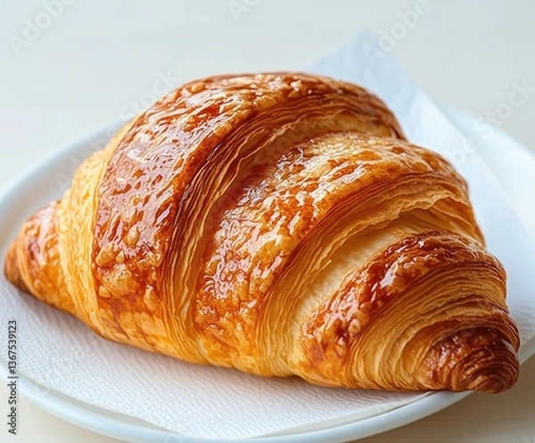 Fototapeta Golden Croissant Resting on a White Plate with Soft Natural Light and Warm Inviting Appeal
