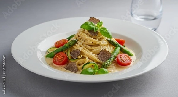 Fototapeta Elegant culinary creation, pasta with truffle and fresh vegetables on white plate