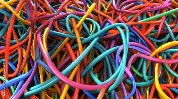 Fototapeta Flying through a tangle of colorful cables. 3D rendering illustration. 3D Illustration