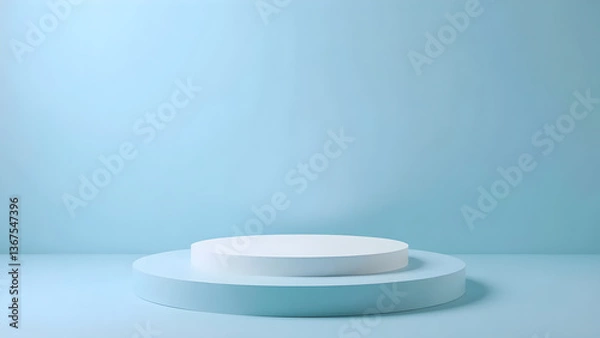 Obraz 3D Studio Template: White Round Pedestal on Light Blue Background for Product Advertising
