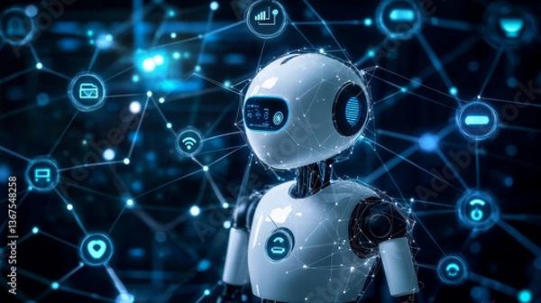 Fototapeta Isometric Artificial Intelligence. Chatbot and future marketing. AI and business IOT concept. Dialog help service. Vector illustration.