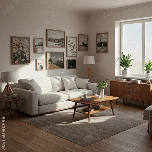 Fototapeta Template modern home styling cosy interior living room white sofa