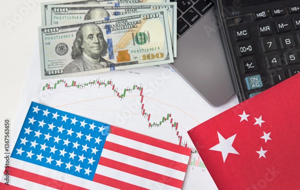 Fototapeta USA and China flag on coins stacking, Concept of Recession conflict tax business finance money, Symbol of economic tariffs trade war and tax barrier between United States of America and China.